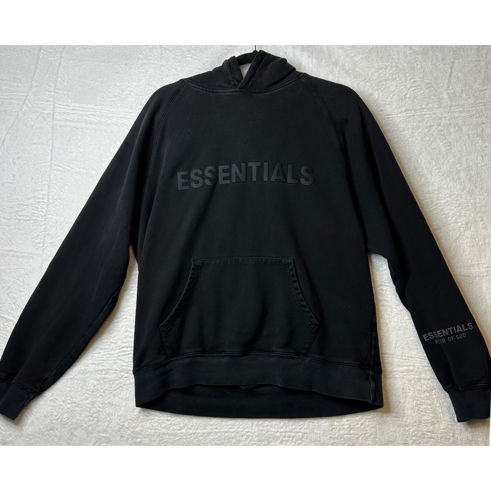 Fear of God Essentials Hoodie Black 3D Silicone Logo Pullover Men's Medium